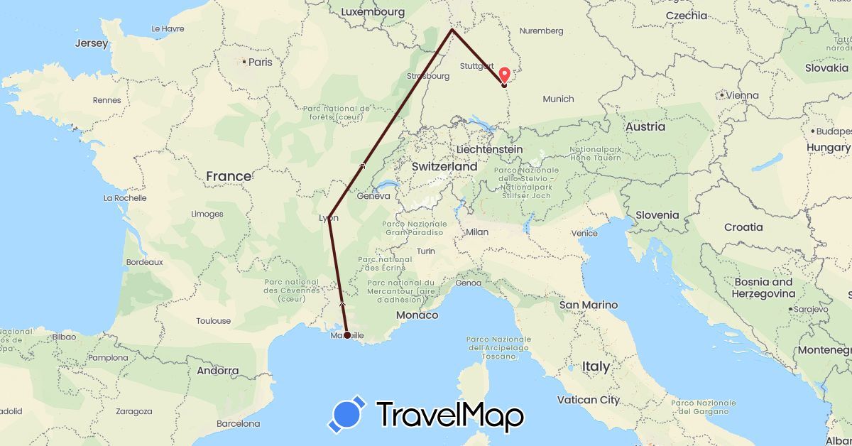 TravelMap itinerary: driving, hiking, train in Germany, France (Europe)